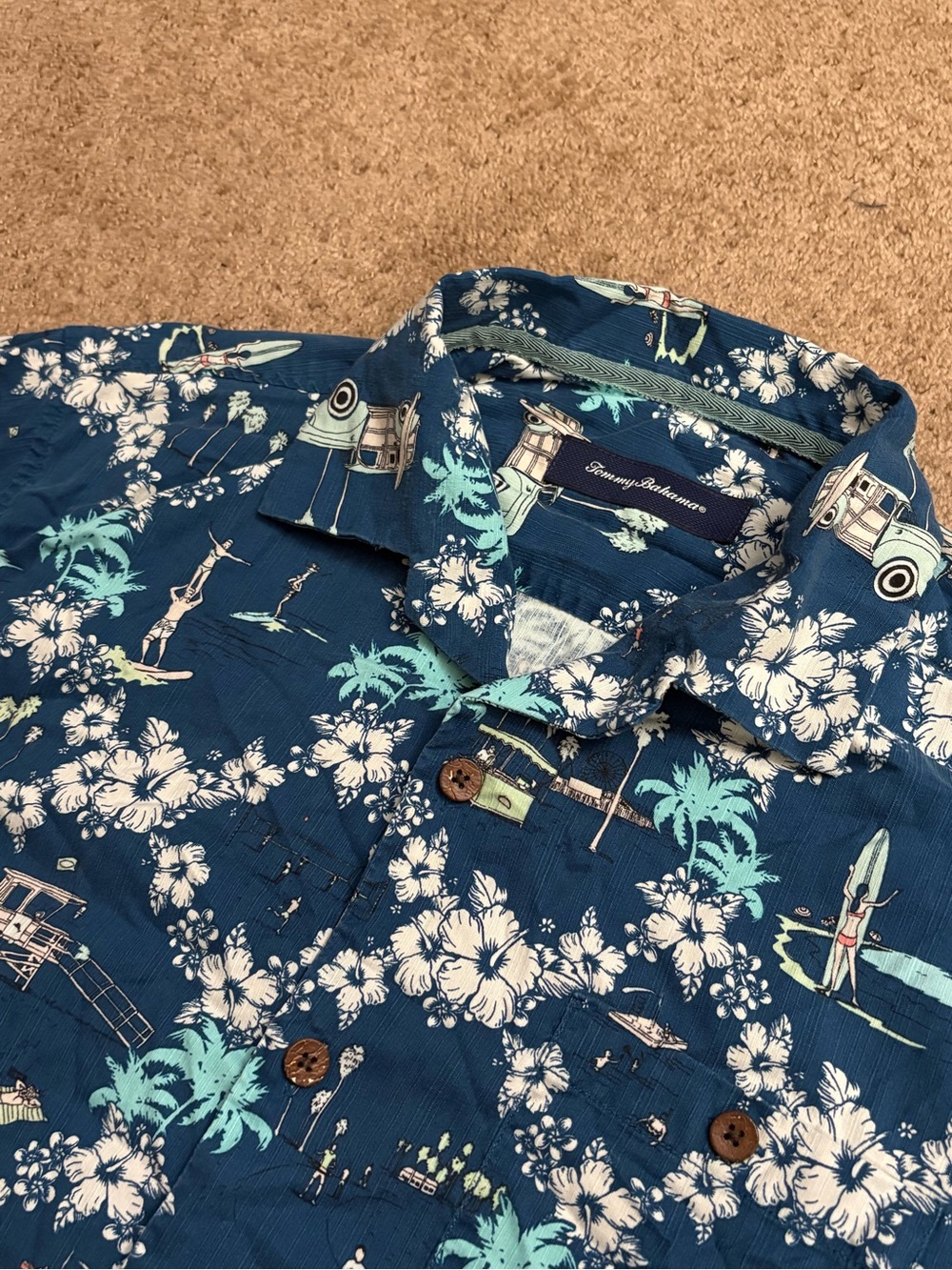 Tommy Bahama 100% Silk Hawaiian Shirt Men's M Blue Hibiscus Floral Vacation Camp